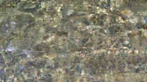 La textura del fondo. Muchas piedras pequeñas son visibles bajo el agua clara. Ondulaciones de agua del mar, rayos de sol en las rocas. — Vídeos de Stock