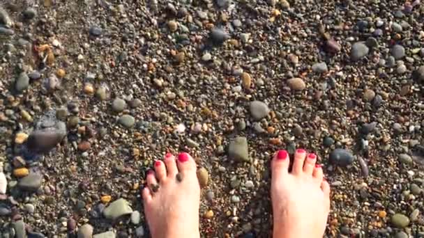 Une vague de mer flotte sur mes pieds nus. Fraicheur estivale de la vague de mer. Une vague couvrait les jambes des femmes d'une pédicure rouge. La vague de mer lave le sable de vos pieds. — Video