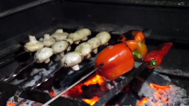Kebab de setas, berenjena picada y pimientos dulces se hornean en la parrilla — Vídeos de Stock