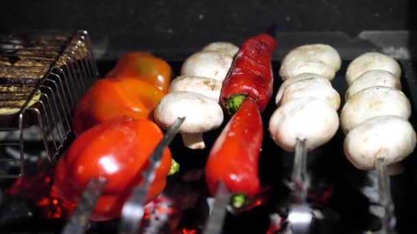 Gomba kebab, apróra vágott padlizsán és édes paprika sült a grill — Stock videók