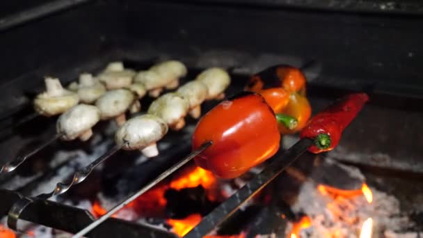 Kebab de setas, berenjena picada y pimientos dulces se hornean en la parrilla — Vídeos de Stock