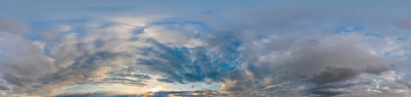 Blue sky panorama with Cirrus clouds in Seamless spherical equirectangular format. Full zenith for use in 3D graphics, game and editing aerial drone 360 degree panoramas for sky replacement. — Stock Photo, Image