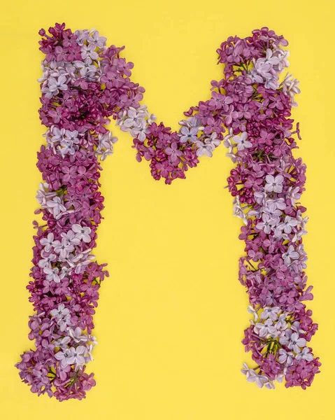 The letter M is lined with lilac flowers on a yellow background. For lettering, composing words. — Stock Photo, Image