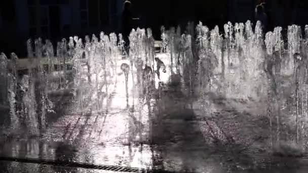 Vannstråler fra byens fontene i parken i strålene fra solnedgangen. Barn springer i fontenen, duer går på bakken. Vanntrykk og hode. Ødelegger vann. Langsom bevegelse. Lukk – stockvideo