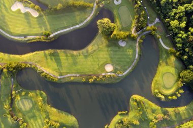 Sabah hava manzaralı yeşil golf sahası.