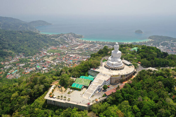 Aerial View Big White Buddha temple famous place in Phuket, Thailand.