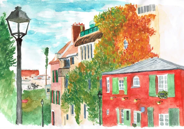 Watercolor: autumn in Montmartre, Paris — Stock Photo, Image
