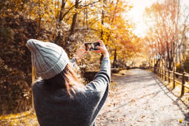 Sonbahar mevsiminde çok güzel ve mutlu bir kadın turuncu ve sarı yapraklı çok parlak bir orman yolunda. Kadın kalın elbiseler giyiyor ve akıllı telefonuyla selfie çekiyor.