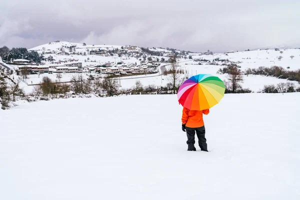 Вид Ззаду Жінки Різнокольоровою Парасолькою Веселка Снігу Горі Красивим Пейзажем — стокове фото