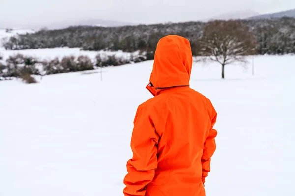 Вид Ззаду Жінки Снігу Горі Красивим Пейзажем Помаранчевій Куртці Робить — стокове фото