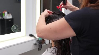 Profesyonel kadın kuaför genç bir kadının uzun, koyu, ıslak saçlarını tarıyor. Şık bir kuaförde güzellik ve saç bakım hizmeti