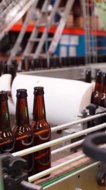 Boş kahverengi cam şişeler otomatikleştirilmiş taşıyıcı bant sistemi boyunca bir içecek fabrikasında geziyor. Endüstriyel bira üretimi ve şişeleme