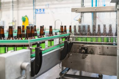 Bira şişeleri modern bir bira fabrikasında ya da endüstriyel fabrikada üretim hattı taşıyıcısında dolup taşıyor.