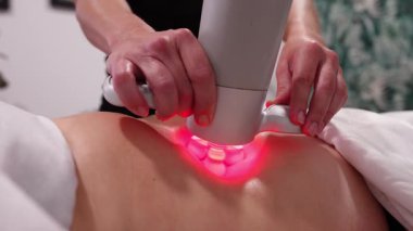 Profesyonel terapist müşterinin sırtına yenilikçi bir fizyoaktif masaj yapıyor. Tedavi kas gevşemesi için başları döndürür.