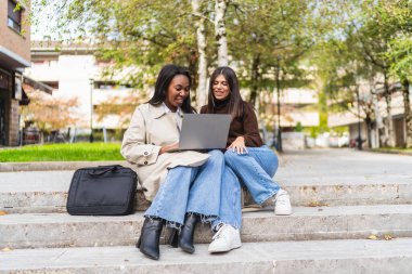 Two diverse women sitting on steps, smiling and working together on a laptop in an outdoor park setting