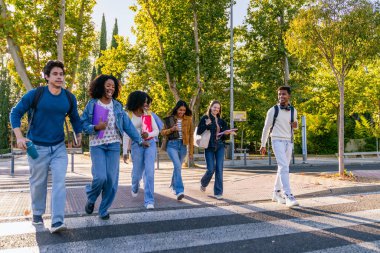 Bir grup farklı üniversite öğrencisi, güneşli bir günde yaya geçidinde birlikte yürüyorlar.