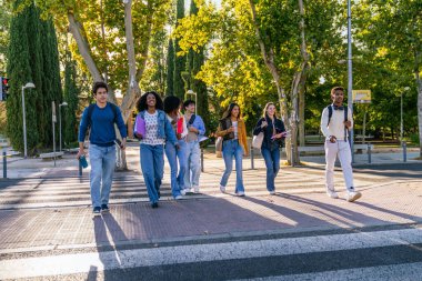 Bir grup farklı üniversite öğrencisi, güneşli bir sonbahar gününde sırt çantaları ve kitaplarla yaya geçidinde yürüyorlar.