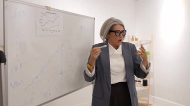 Spor ceketli, şirket stratejisini açıklayan, modern bir ofisteki toplantıda beyaz tahtaya grafikler çizen kendinden emin kıdemli bir kadın.