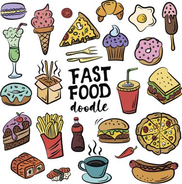Beyaz arka planda izole edilmiş el yapımı yiyecekler, fast food karalamaları. Renkli vektör illüstrasyonu