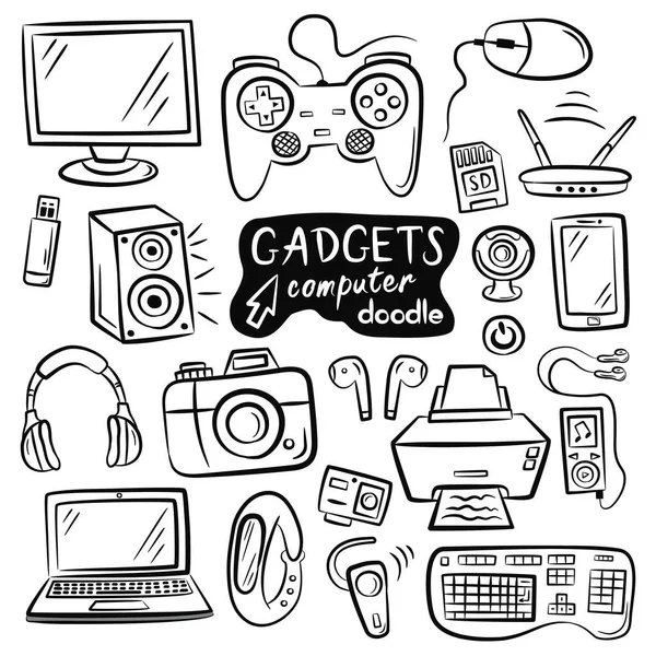 Farklı bilgisayar aletleri. Beyaz arkaplanda izole edilmiş Doodle vektör çizimleri