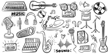 El çizimleri beyaz arka plana müzik kültürünün karalamalarını çizer.