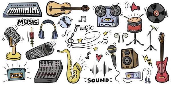 Beyaz arka planda müzik kültürünün karalamalarının renkli el çizimleri.