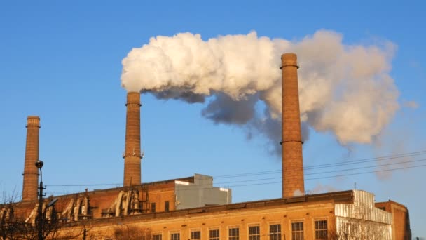 Fabrikanlage Rauchschwaden über blauem Himmel Hintergrund — Stockvideo