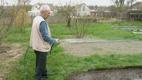 Senior orang tua air kebun sayur tempat tidur — Stok Video