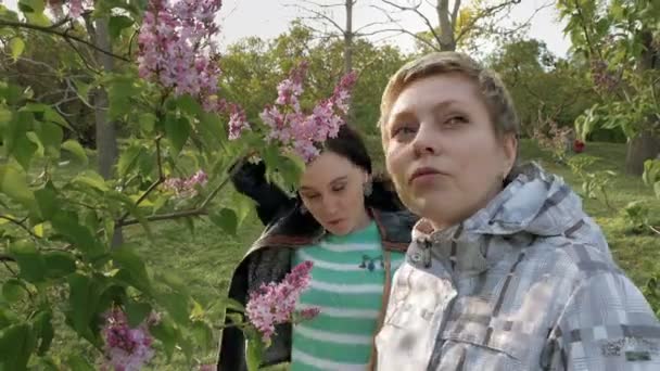 Две девушки нюхают сиреневые цветы в зеленом парке — стоковое видео