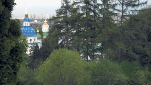 White blue and gold orthodox church in trees — Stock Video