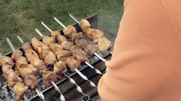 Шампури барбекю з м'ясом, приготуванням на мангалі — стокове відео