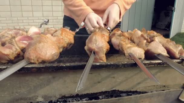 Espetos de churrasco com carne cozinhando no braseiro — Vídeo de Stock