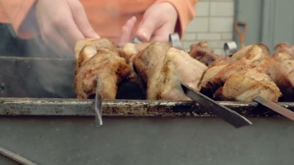 Шампури барбекю з м'ясом, приготуванням на мангалі — стокове відео