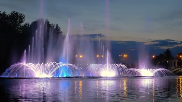 Fontaine lumineuse colorée avec belle réflexion — Video