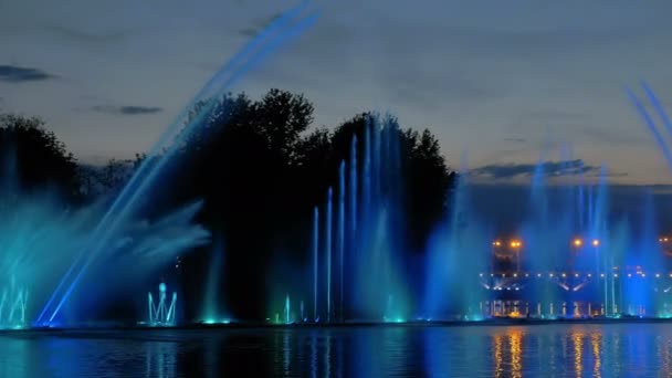 美丽的倒影的多彩明亮喷泉 — 图库视频影像
