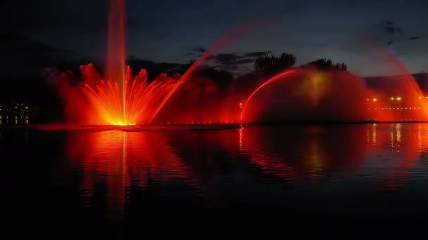 Färgglada ljusa fontän med vackra reflektion — Stockvideo