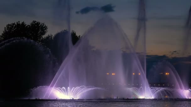 Fontaine lumineuse sur l'étang d'eau ou la rivière — Video