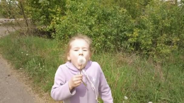 Mosolygós kislány fúj le a gyermekláncfű és a nevet — Stock videók