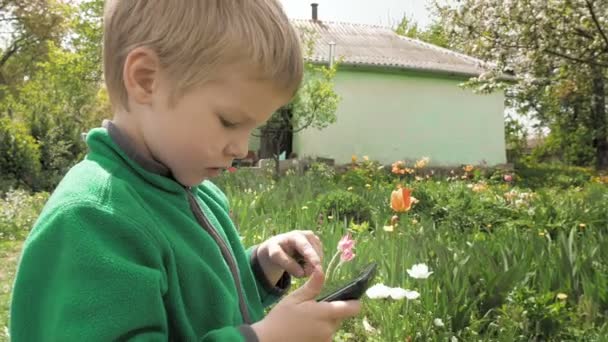 Menino brinca com telefone inteligente ou tablet pc — Vídeo de Stock