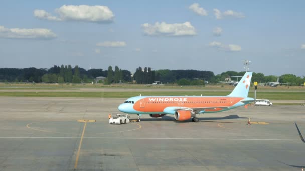 La tripulación del aeropuerto está transportando la aerolínea Windrose — Vídeos de Stock