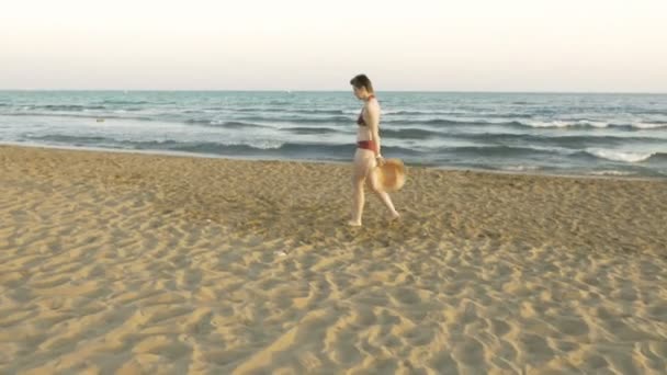 Женщина ходит по песку в купальнике — стоковое видео