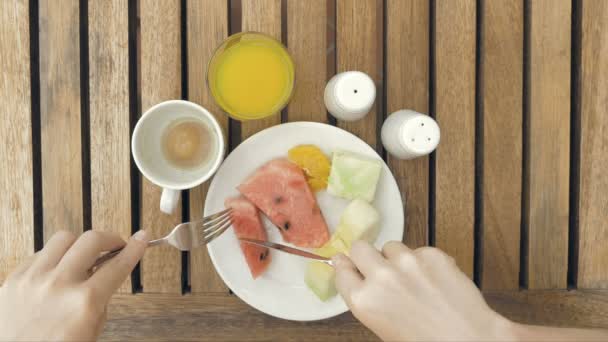 Lady používá nádobí omezit jídlo malé kousnutí — Stock video