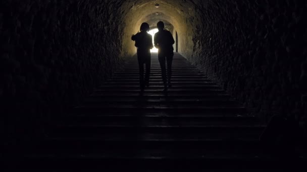 Силует жінок, що йдуть у темний тунель — стокове відео