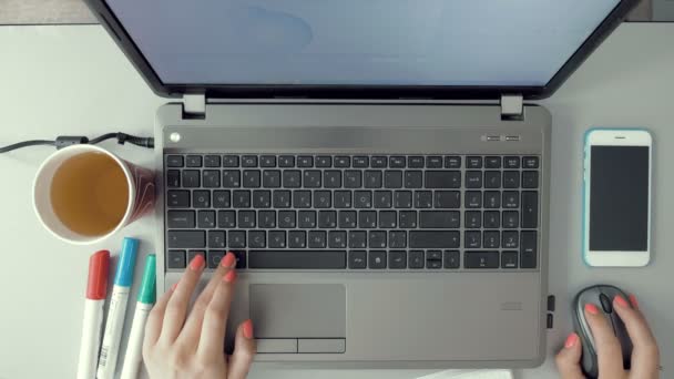 Mãos femininas trabalhando no laptop em design gráfico — Vídeo de Stock