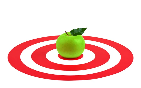 Green apple with leaf in center of red target — Stock Photo, Image