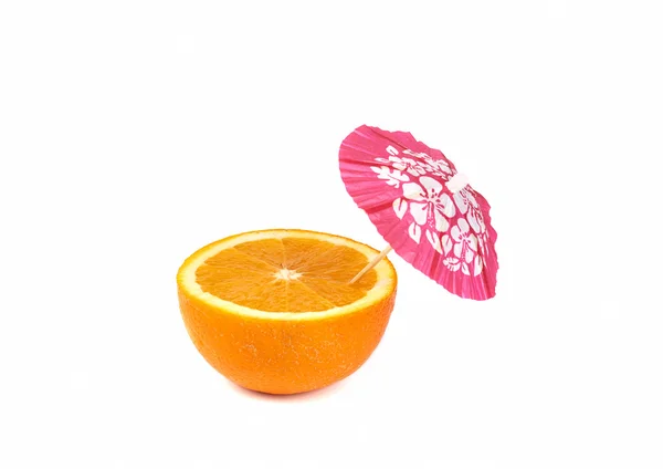 Orange with drink cocktail umbrella — Stock Photo, Image