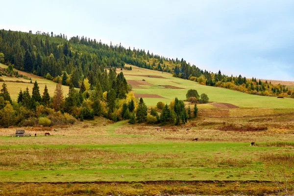 Montanha paisagem aldeia rural com nuvens e céu azul — Fotografia de Stock