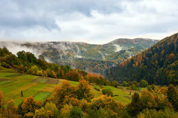 Paysage de montagne avec nuages et arbres colorés — Photo