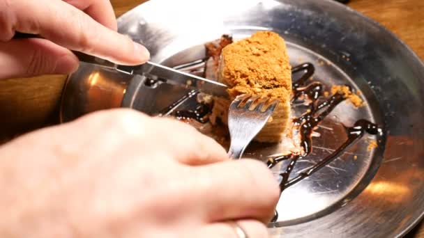 Cake being cut with fork and knife. Close up shot. — Stock Video