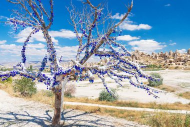 Ağaç Nazar tılsımlarıyla süslenmiş. Göz şeklinde sevilen bir Türk hatırası. Türkiye, Kapadokya.
